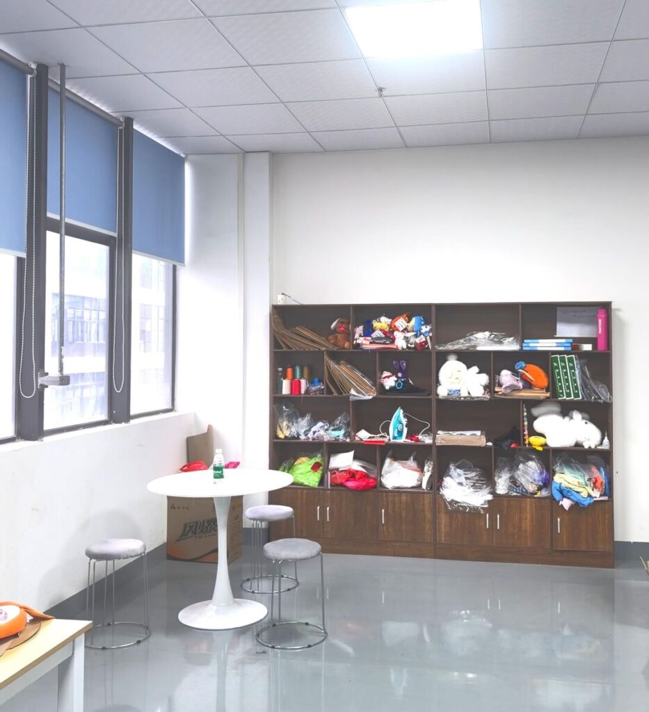 Material storage and review corner in the JoyPlush pattern room