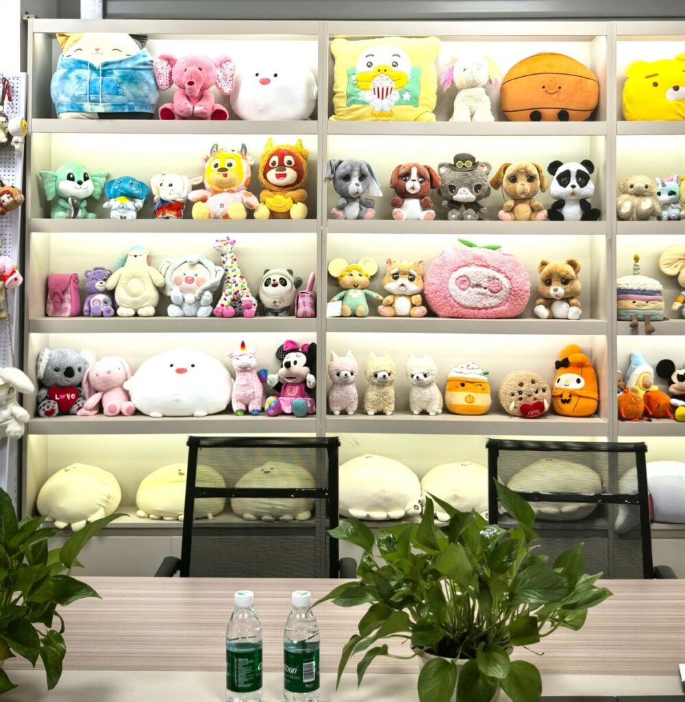 Plush toy sample showroom at JoyPlush factory, display wall 2