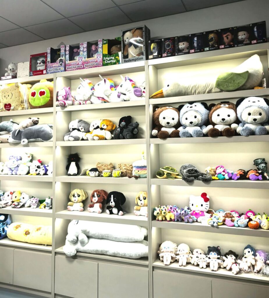 Plush toy sample showroom at JoyPlush factory, display wall 3