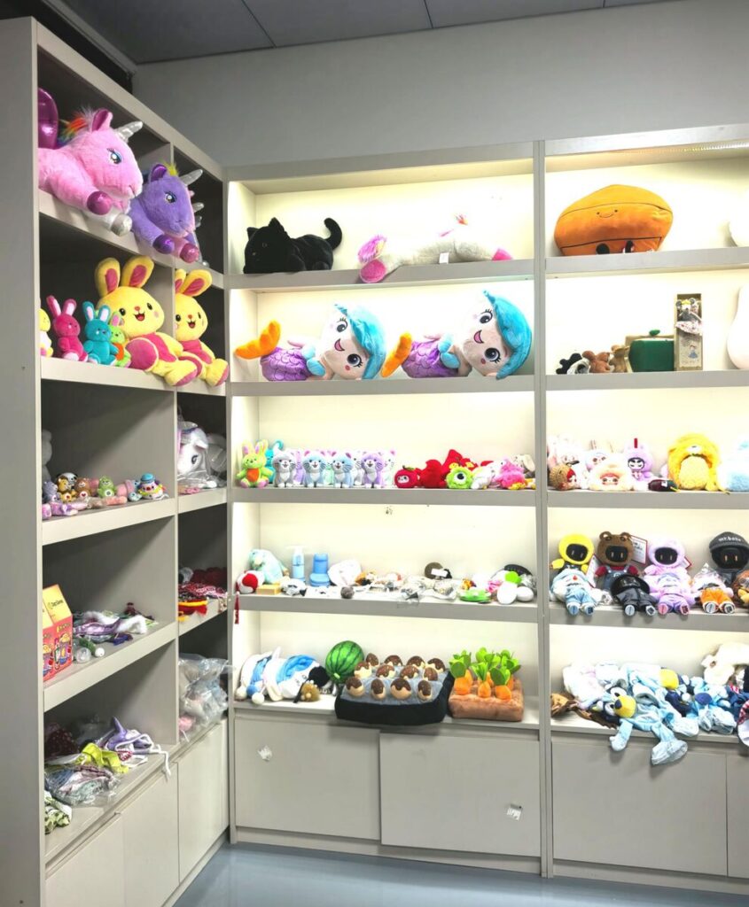 Plush toy sample showroom at JoyPlush factory, display wall 4