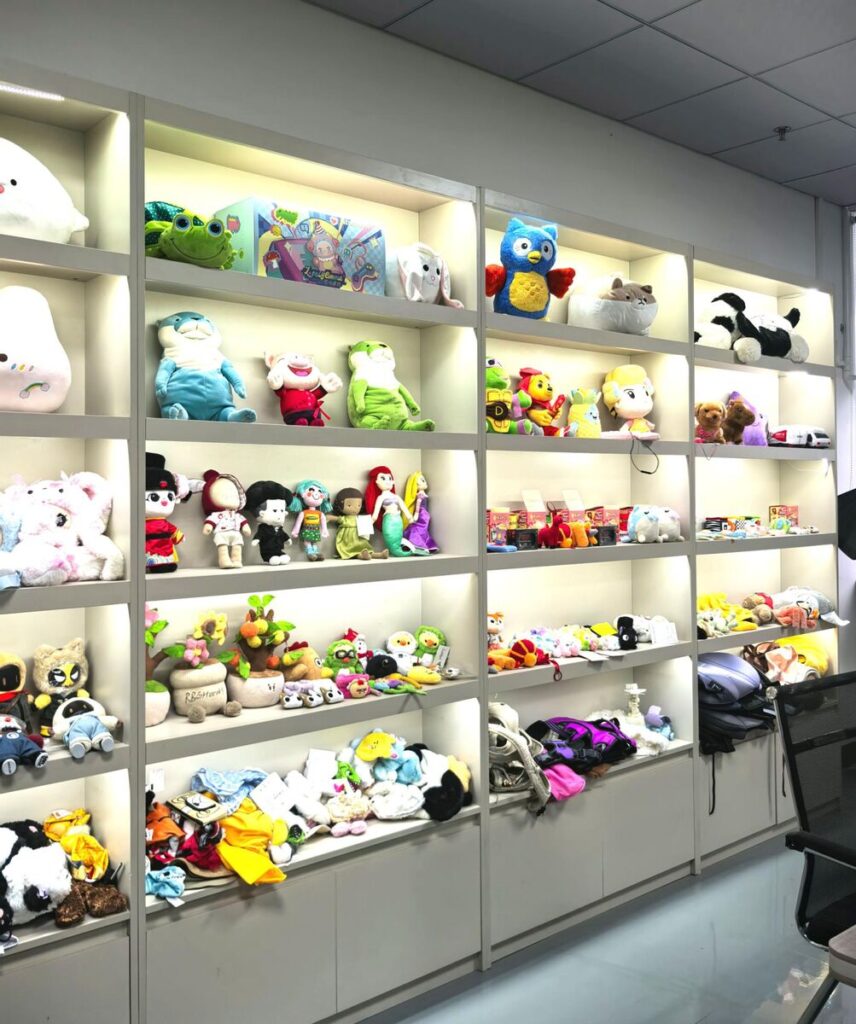 Plush toy sample showroom at JoyPlush factory, display wall 5