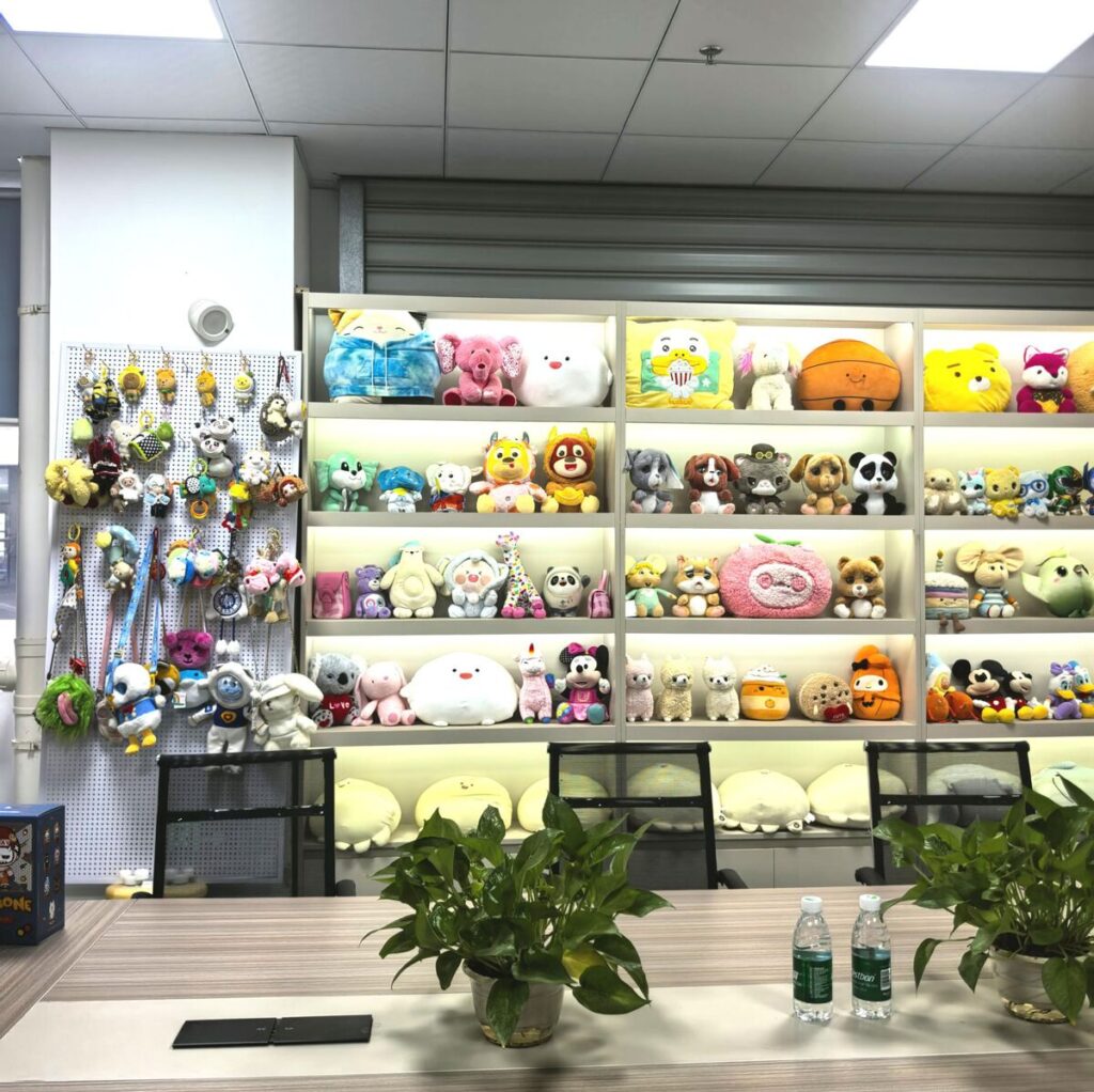 Plush toy sample showroom at JoyPlush factory, display wall 6